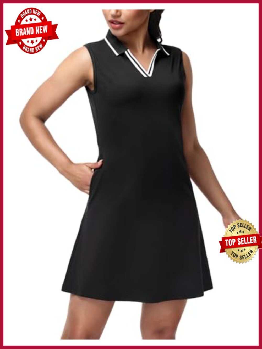 MIER Golf Dress V Neck Sleeveless Zip Pocket Nylon Spandex Athleisure